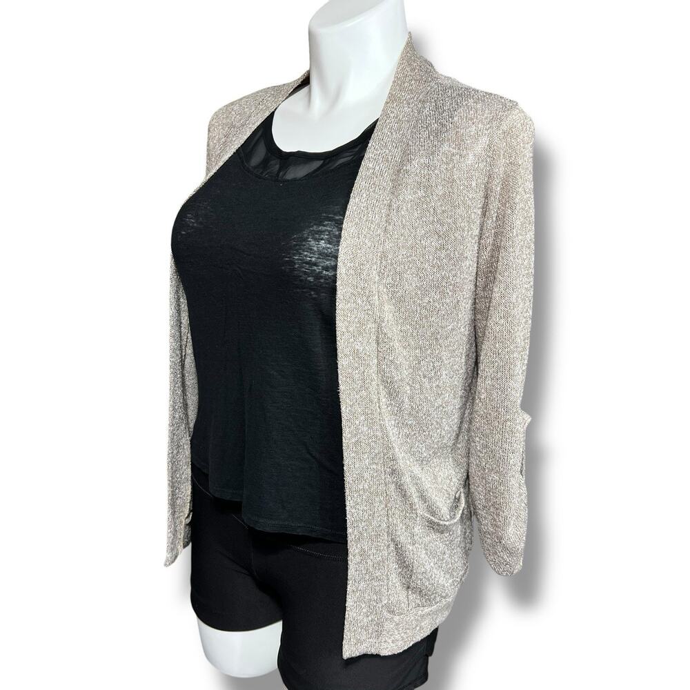 About A Girl Womens Knit Cardigan Sweater Open Front Pockets Lightweight Tan Lar